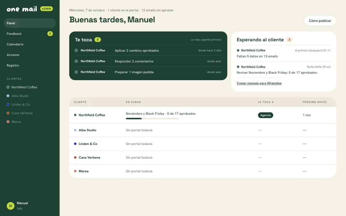 Panel de administración de One Mail Studio
